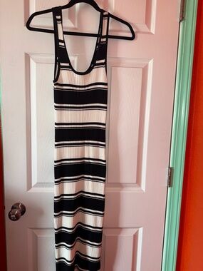Calvin Klein Jeans Black and White Striped Ribbed Maxi Dress